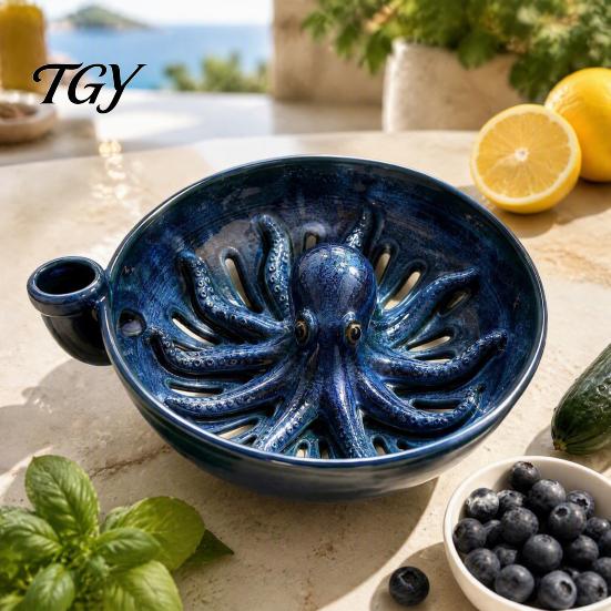 Easy Rinse Gadget Self Spinning Ceramic Berry Washing Bowl, Octopus Shape 360 Degree Vortex Herb Container Cleaning Colander, Integrated Drain