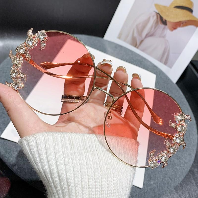New Style Frameless Cut-edge Diamond Sunglasses With Wave Design Temple Glasses Fashionable Round Rhinestone Sunglasses