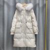 Winter Autumn Women Loose Padded Zipper Solid Color Long Jacket Fur Hooded Collar All Match Warm White Duck Down Coat
