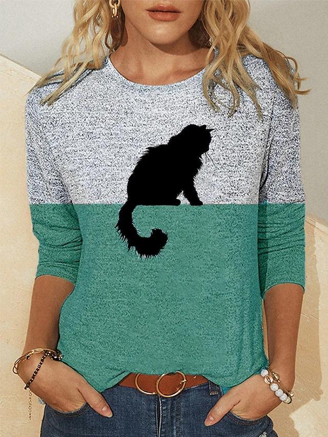 Color Block Printed Long Sleeved Casual Daily Basic Retro Round Neck 3D Cat Printed Women's T-shirts - Soft Medium Stretch Relaxed Fit Clothing