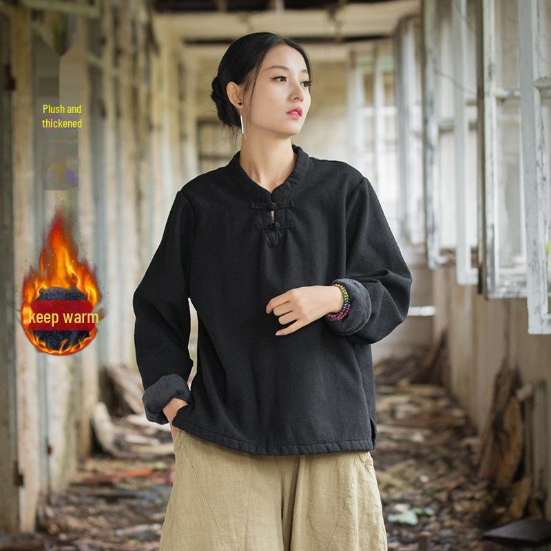 Женская рубашка из хлопка и льна в стиле ретро: Футболка весна/лето из бархата с пуговицами