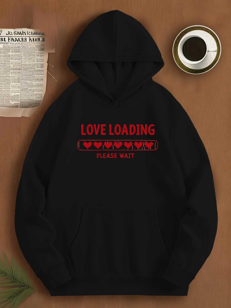 Толстовка унисекс большого размера с капюшоном | Красные сердца 'Love Loading' на полосе прогресса, Повседневный стиль с длинными рукавами и слегка эластичной тканью