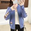 Cardigan Coat Women's Knitted Top Cute Cartoon Embroidered Plaid Sleeves Spring Autumn Short Coat Loose All-match Long-sleeved Outer Wear