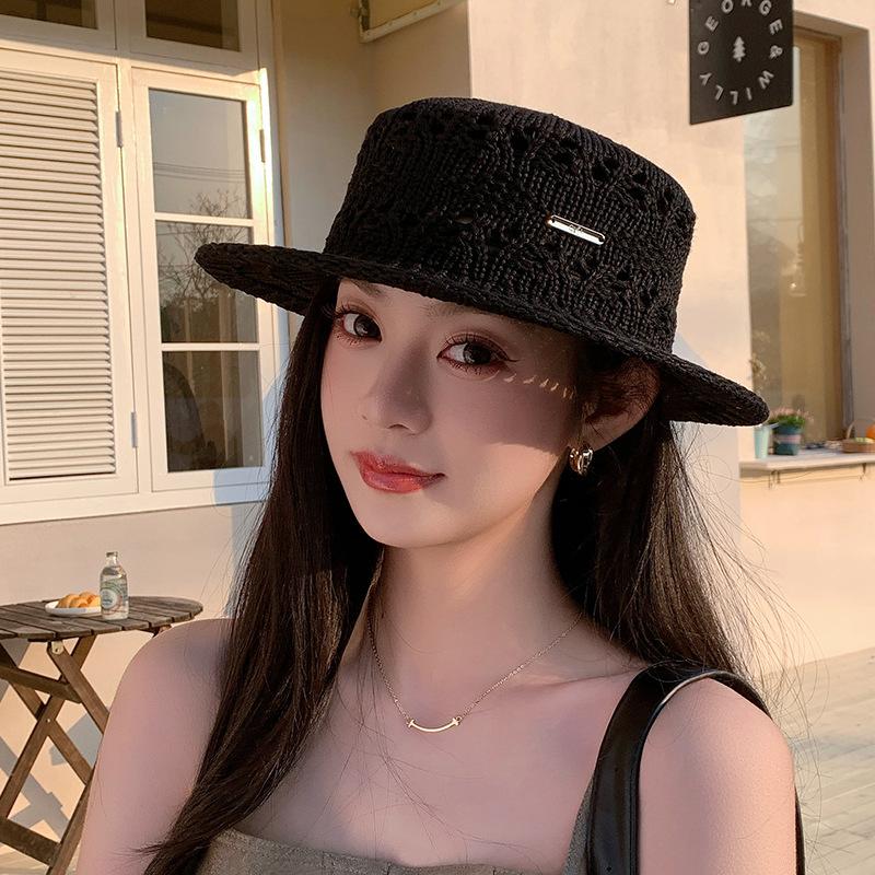 French hollow breathable knitted straw hat children's spring and summer new flat top top hat versatile seaside beach straw hat