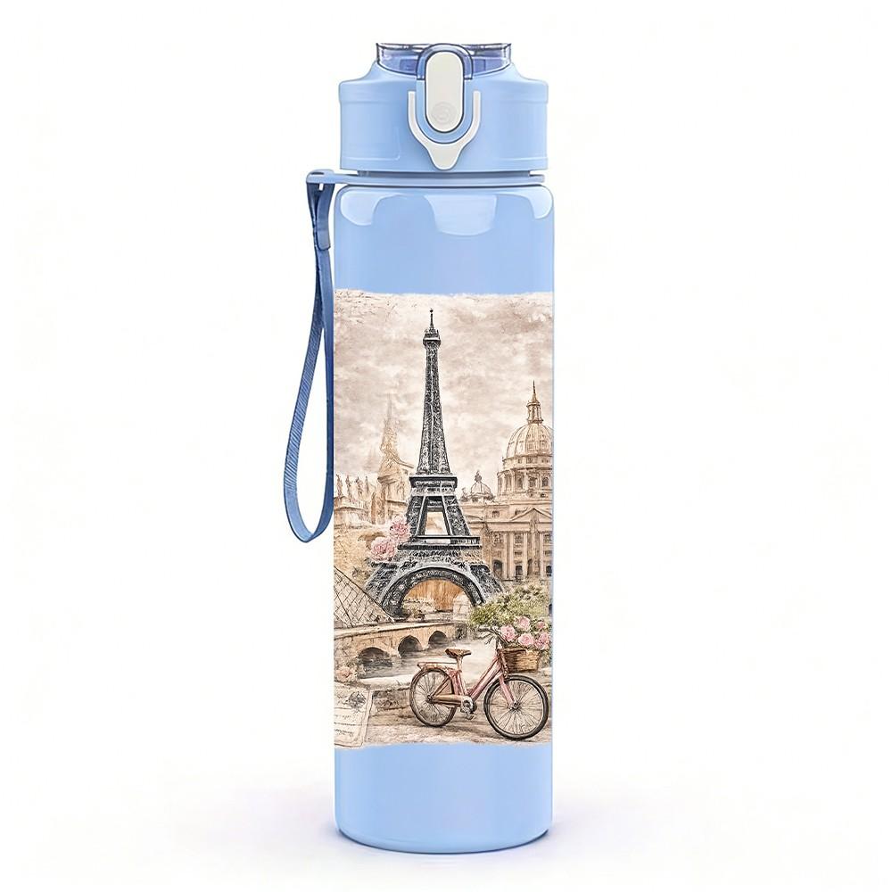 1PC Eiffel Tower Paris Retro Print 750ml Color Plastic Sports Water Bottle Leakproof Flip Straw Lid Suitable for Sports Office Home Use