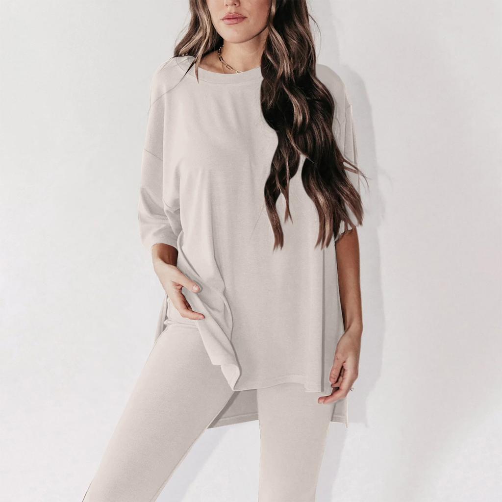 Женский летний комплект из 2 предметов с круглым вырезом и короткими рукавами, заниженными плечами, топ для больших мальчиков и обтягивающие байкерские шорты для йоги, комплект