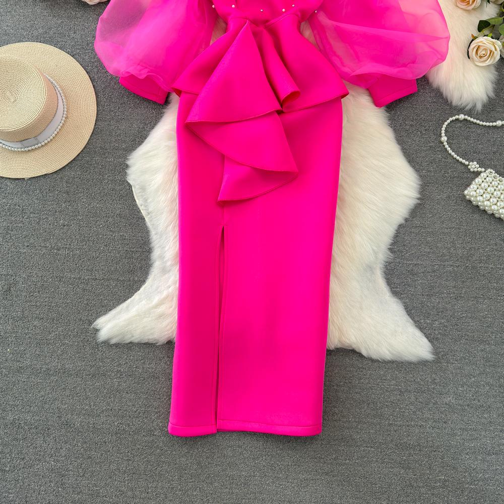 Элегантное женское платье, модное, с длинными рукавами, квадратным вырезом, запахнутой талией, оборками по краю, разрезом, запахнутым на бедрах, платье