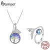 BAMOER стерлингового серебра 925 пробы красочные Русалка рыбий хвост кулон ожерелье и открывающееся кольцо комплект ювелирных изделий для женщин подарок на день рождения