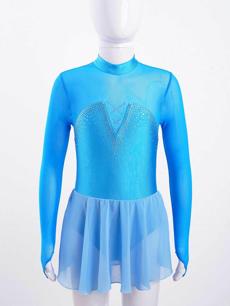 Kids Girls Sparkle Mesh Splice Figure Ice Skating Dress Gymnastic Dance Leotard Tutu Skirt Performance Dancewear
