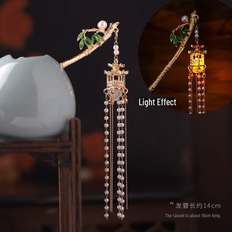 Заколка-фонарик со светящейся кисточкой для фестиваля середины осени — аксессуар для пучка в стиле дворца Западного озера