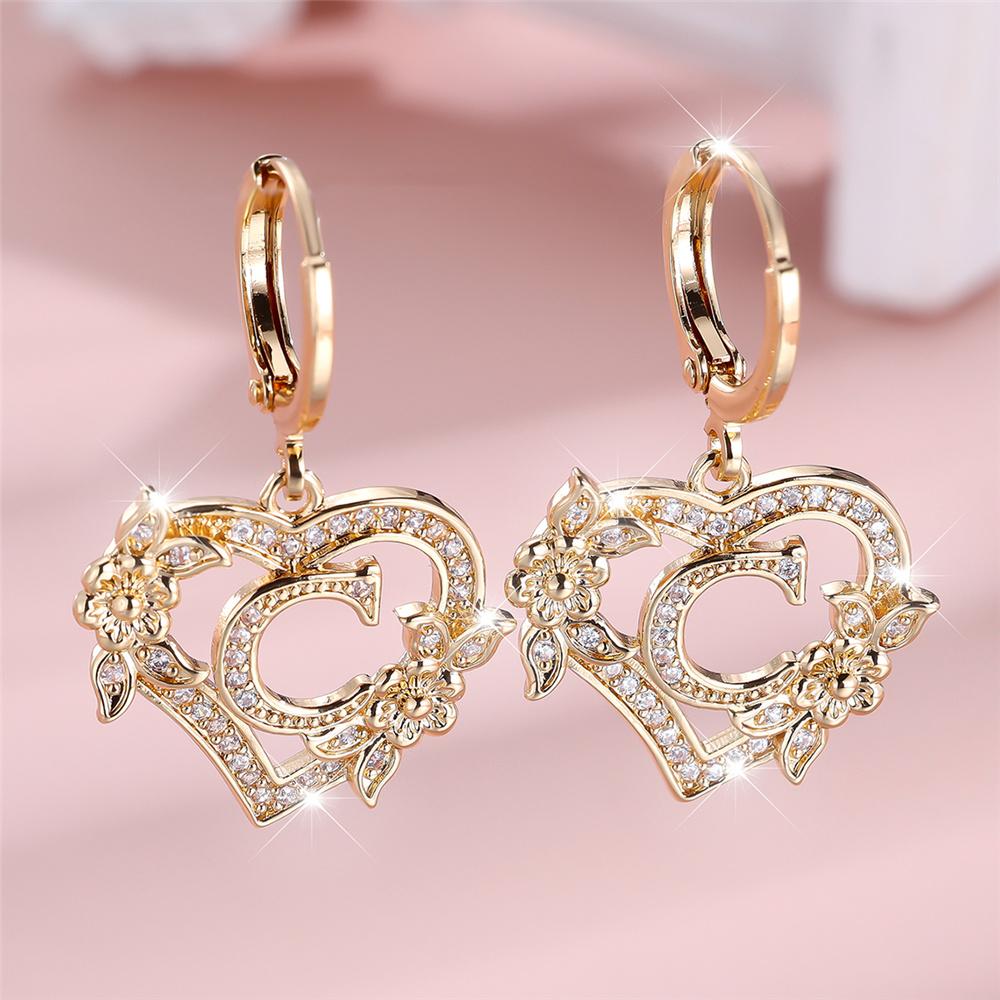 Female A-Z 26 Letter Heart Flower Hoop Earrings Yellow Gold White Zircon Wedding Jewelry For Women