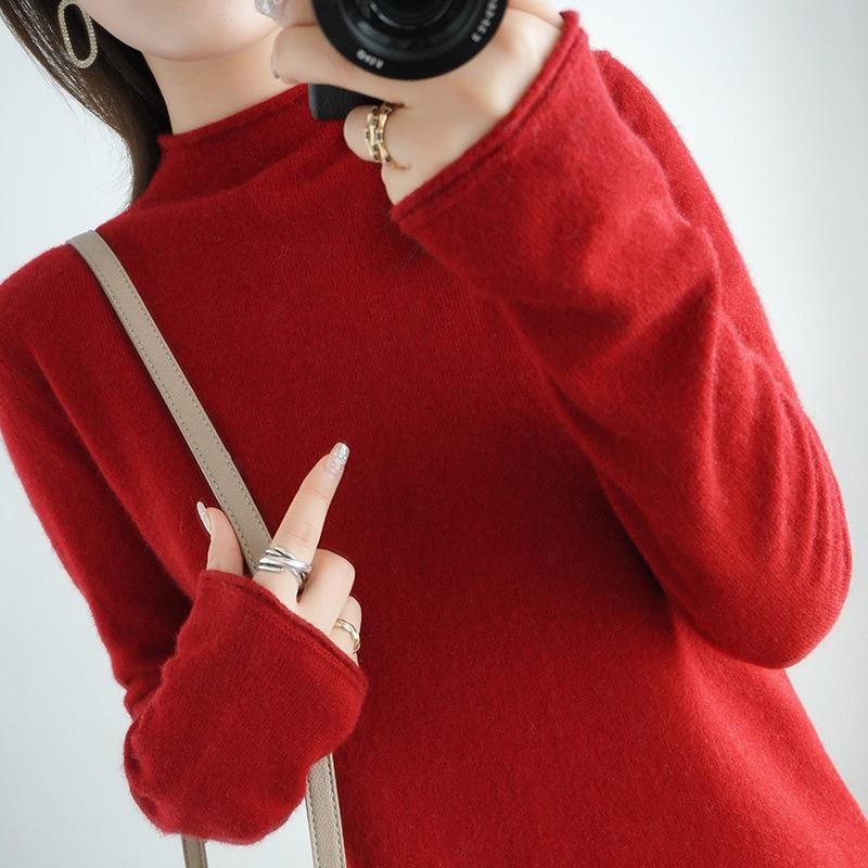 Осенне-зимний женский свитер из чистой шерсти, пуловер с полувысоким закругленным краем, свитер с длинными рукавами, тонкий трикотаж