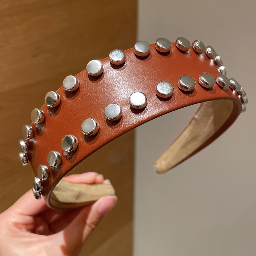 1Pc Women'S Fashionable High-End Large Rivet Leather Wide-Brimmed High-Crown Headband, Suitable For Everyday Casual Wear, Versatile For Concealing