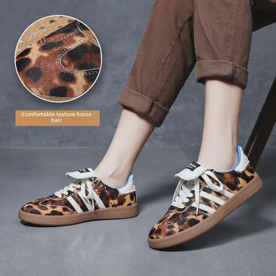 Женские туфли на плоской подошве с леопардовым принтом в немецком стиле, осень 2024 г.: Модный конский волос, толстая подошва, универсальная натуральная кожа