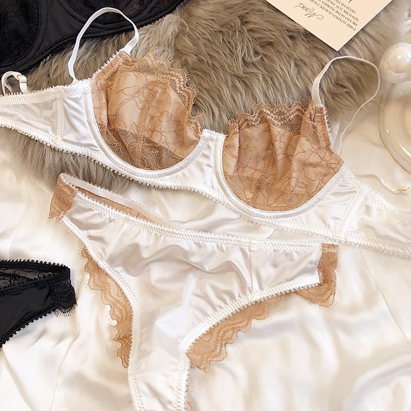 French Ultra Thin Lace Splicing Bra Set for Women Underwear Sexy Silk Breathable Bra and Panties Set Summer Comfortable Lingerie