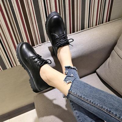 Осень новые маленькие кожаные туфли женские средний каблук толстый каблук однотонные повседневные туфли черные с круглым носком на шнуровке