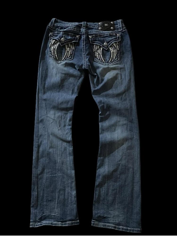 Американские ретро-узкие расклешенные джинсы женские Y2k Harajuku Gothic Vintage Pocket вышитые синие джинсовые брюки с низкой талией широкие брюки