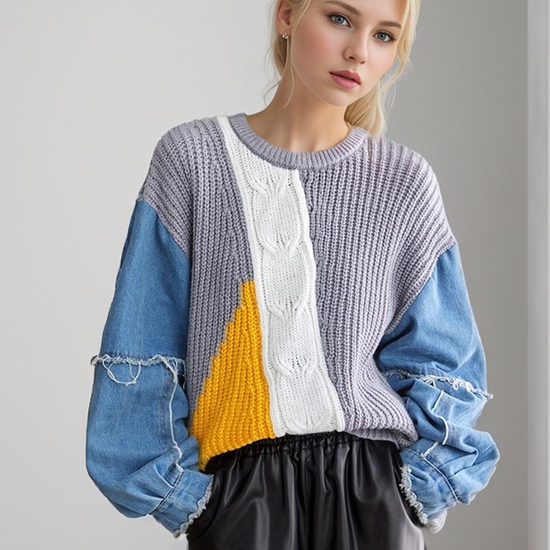 Dimanaf 2024 футболка, осенние женские свитера, джинсовый пуловер с круглым вырезом в стиле пэчворк, вязаный базовый синий модный свободный свитер