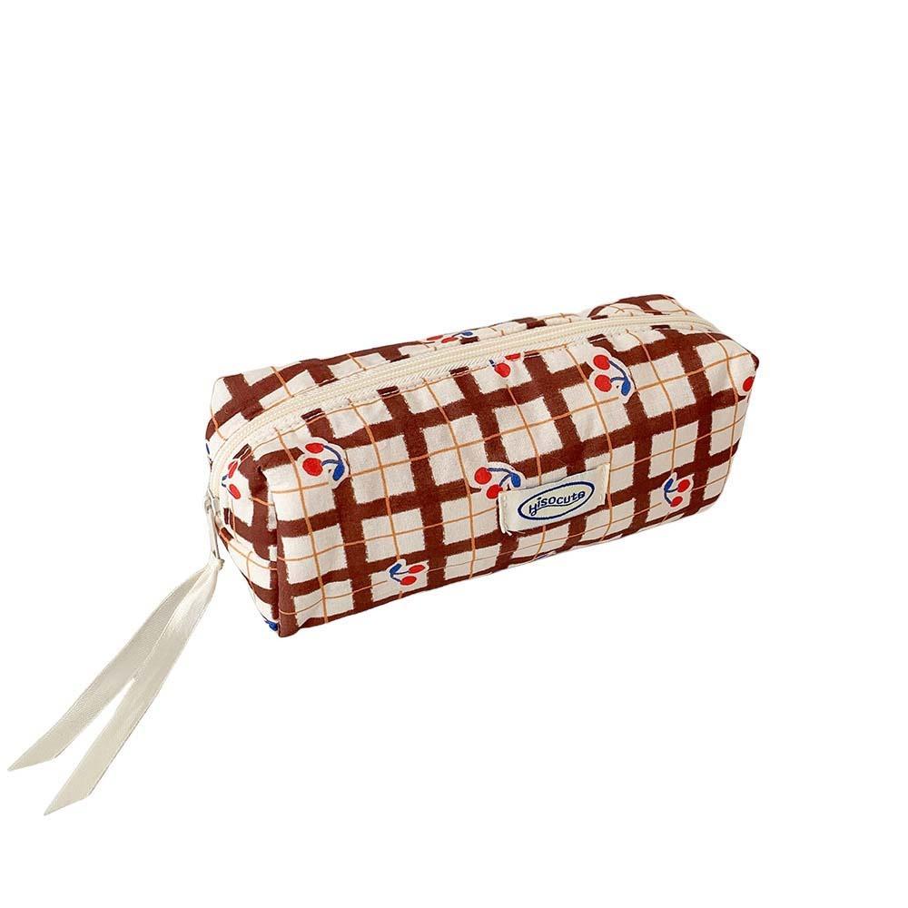 Large Capacity Y2K Cherry Pencil Case Checkered Cartoon Cherry Makeup Bag Korean Pencil Bag Gifts
