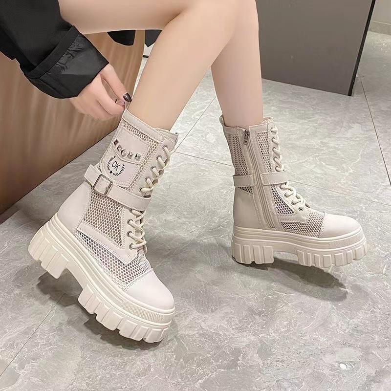 Модные женские осенне-летние ботинки 2024 года, модные дышащие сетчатые кроссовки, высокие ботильоны на платформе для женщин, уличные ботинки на шнуровке, массивная обувь