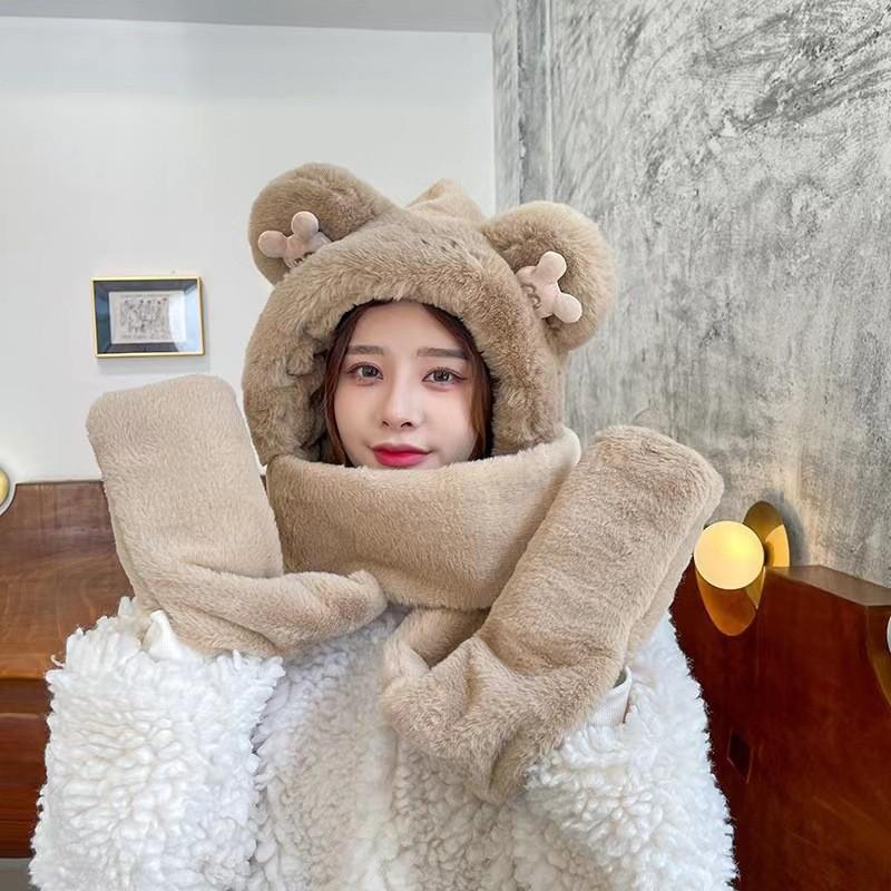 "Women's Winter Little Bear Hat, Scarf, and Gloves Set - Stylish and Warm"