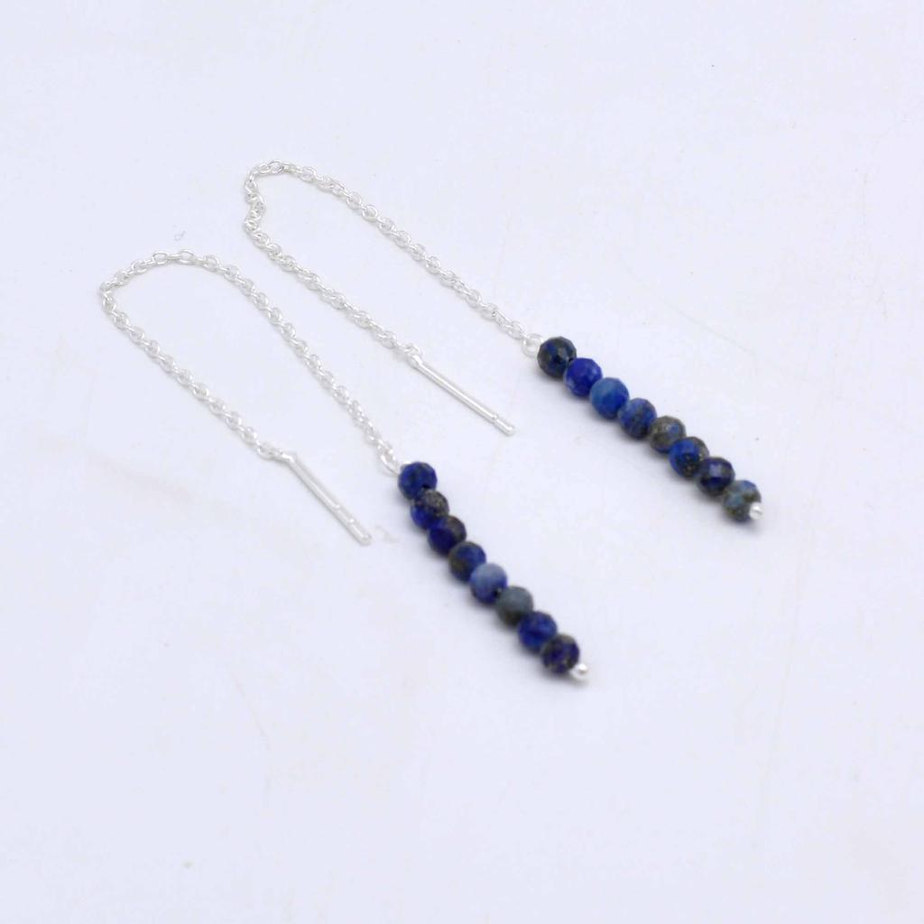 Lapsi Lazuli 925 Silver Threader Earrings, Natural Gemstone Women Handmade Fringe Earrings