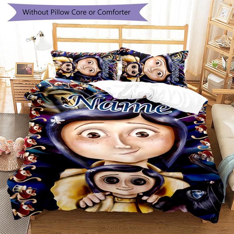 3pcs Coraline3 Cover Set - Personalized Name, HD Printed Bedding with 1 Cover and 2 Pillowcases - Perfect for Home Decor, Easy Care