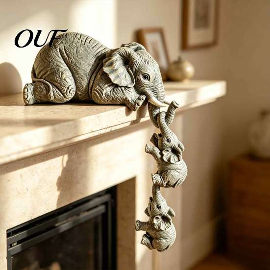 Decorative Parent Child Elephant Figurines Shelf Sitter, Mother Hanging 2 Baby Elephants on The Durable Resin Figurine for Desk Edge, Hand-Painted