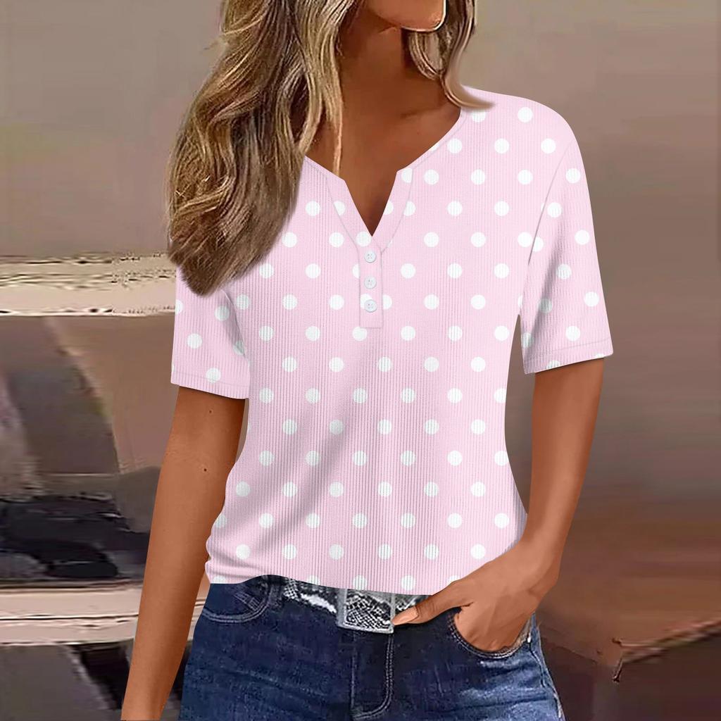 Women's Casual Printed V-Neck Short Sleeve Decorative Button T-Shirt Top