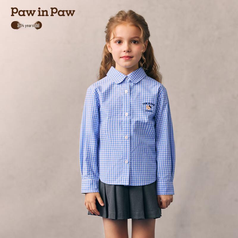 PawinPaw Girls' Cool-Touch Cartoon Bear Plaid Lapel Shirt