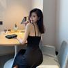 Strap Black Dress Sexy And Gentle V-Neck Base Retro Long Side Slit Dress