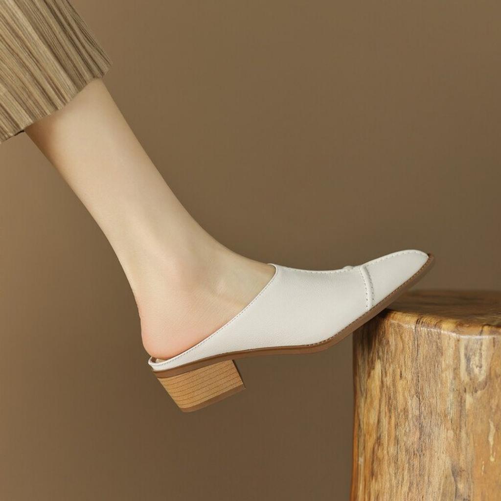 Женские туфли Mouller с острым носком во французском стиле в стиле ретро — элегантные туфли на толстом среднем каблуке, нескользящая резиновая подошва, универсальные повседневные туфли белого цвета на все времена года