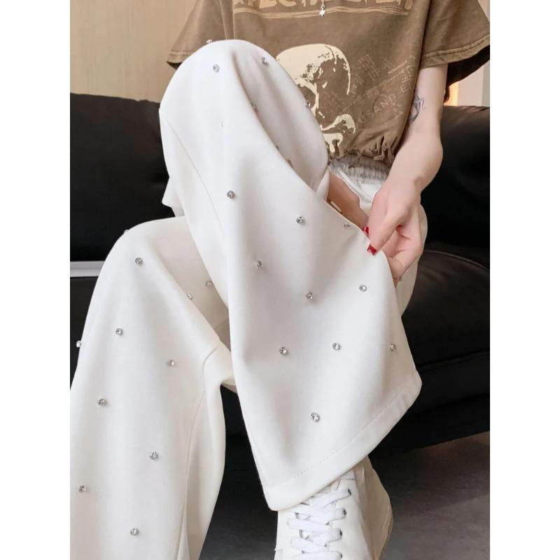 Heavy Industry Hot Diamond Wide Leg Pants for Women's Spring New Casual High Waist Loose Straight Tube Drop Floor Dragging Pants