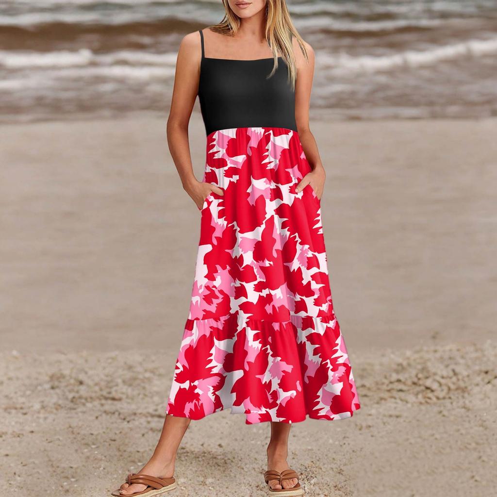 Women's Summer Spaghetti Strap Patchwork Beach Vacation Floral With Pocket Dresses