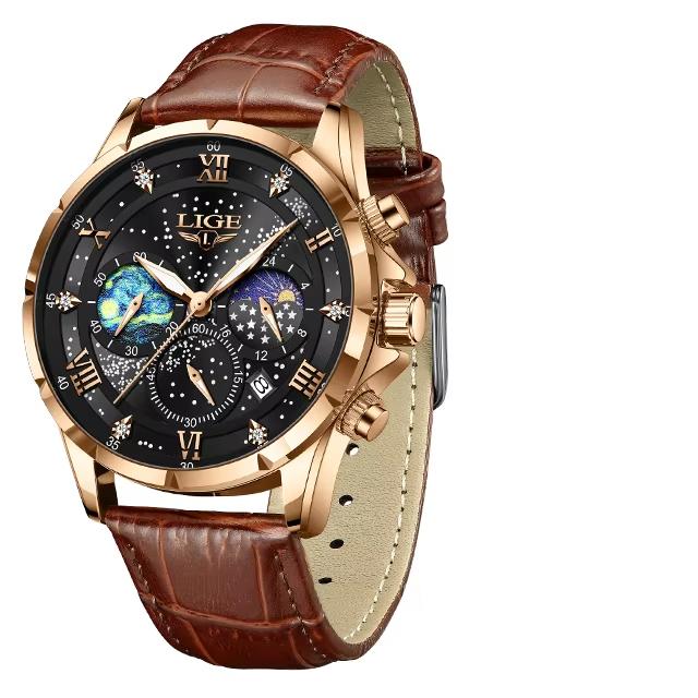 LIGE Men's watches Luxury Waterproof Male Clock Moon Phase mens wristwatch Date Casual Leather Men Chronograph reloj hommes+BOX