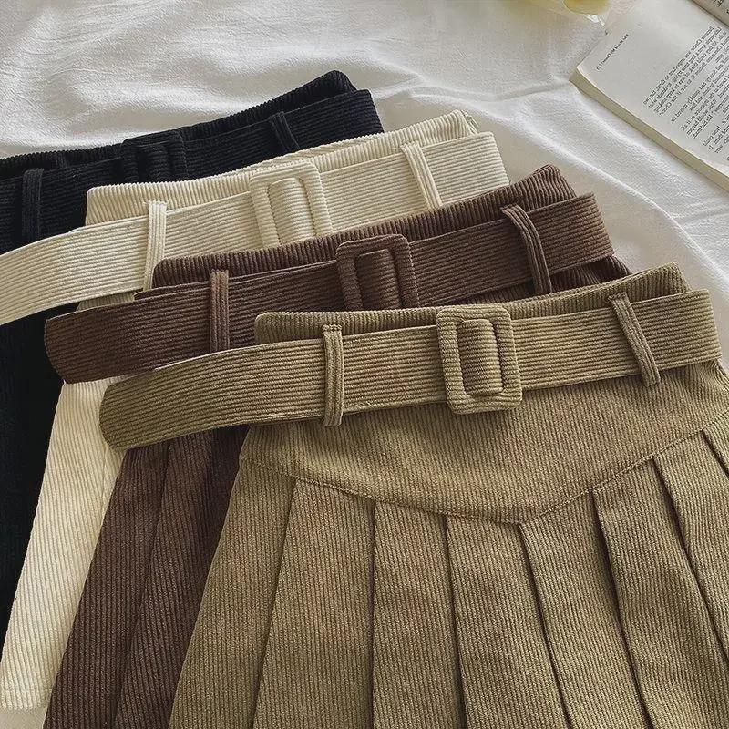 Women's Corduroy Pleated A-Line Skirt – High Waist, Slim Fit, College Style for Spring, Autumn, and Winter 2024