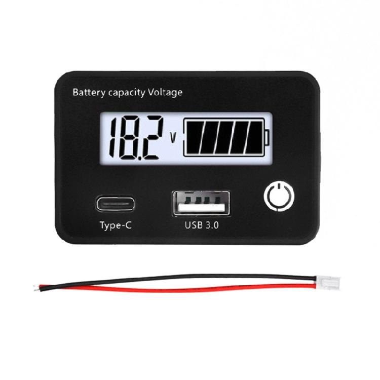 LCD Display Battery Power Monitor with QC3.0 USB Type C Port for Electric Vehicle Solar Car Lithium Lead Acid Batteries