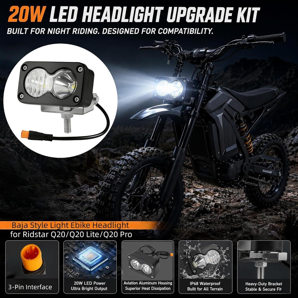 Baja Style Light Ebike Headlight, 3 pin Baja Light for Ridstar Q20 | IP67 Waterproof 6500K 12V-60V Wide Voltage for Ridstar Q20 Ebike, Motorcycle &