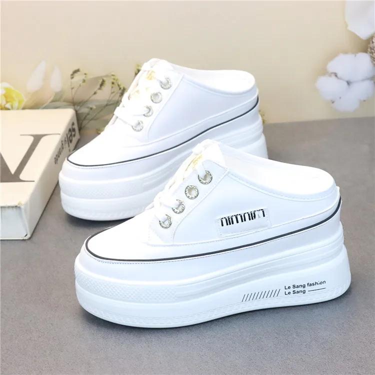 Fashion Lady Leather Without Heel Lazy Half Slipper Height Show Thin Fashion Wear Female Slipper Baotou Large Size Shoes Women Sandals