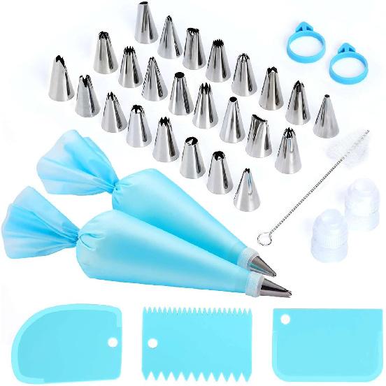34PCs Cake Decorating Kit–Piping Bags and Tips Set With 24 Stainless Steel Piping Tips,2 Reble Silicone Piping Bags,3 Smoothers, 2 Couplers,2 Bag