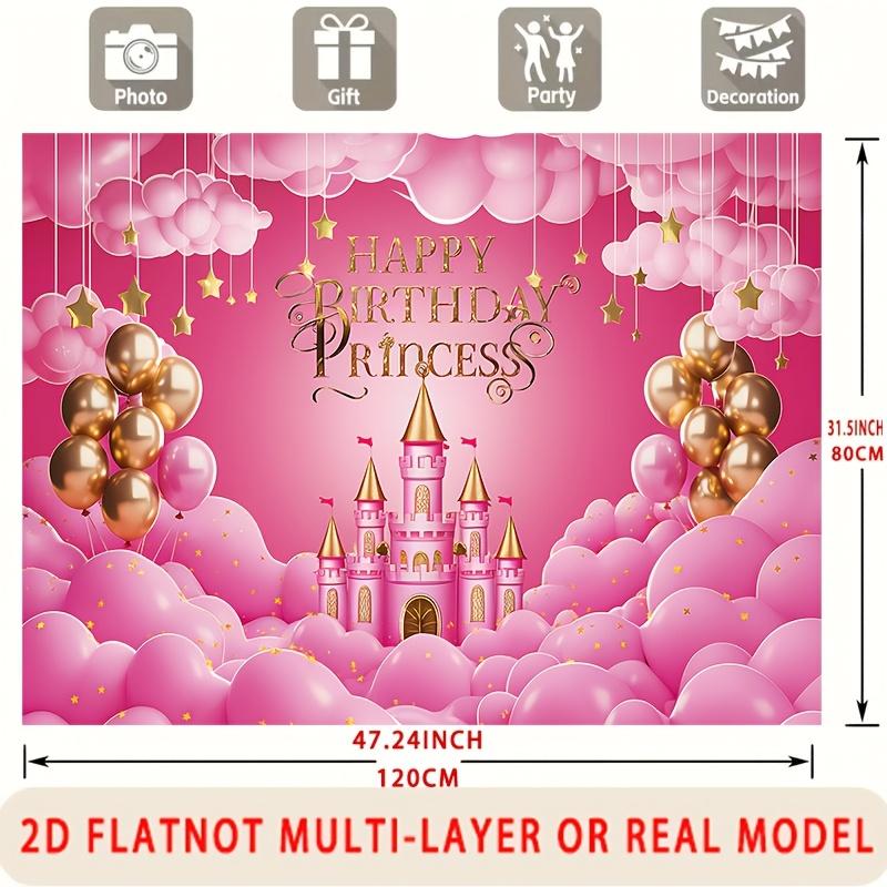 Happy Birthday Princess Castle Theme Pink Design, 1pc Polyester Party Backdrop Banner, Photo Booth Background, Wall Decor