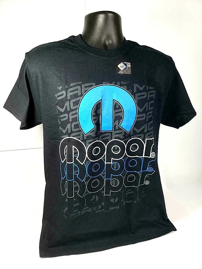 Black T-Shirt w/ Blue Mopar "M" Emblem & Three Color MOPAR Script