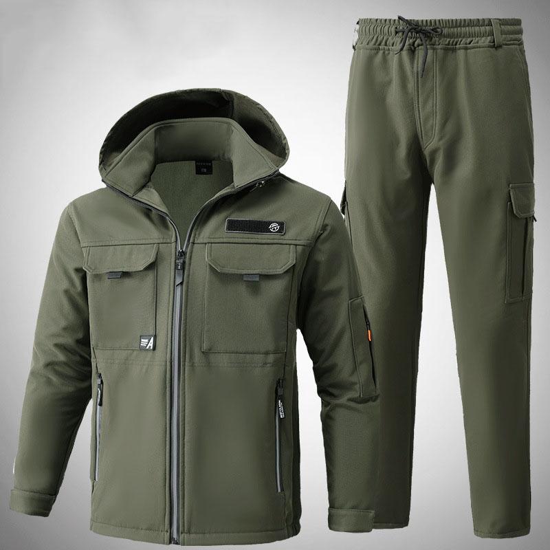Autumn and winter velvet jacket set waterproof and windproof soft shell men's and women's same cotton clothes outdoor thick
