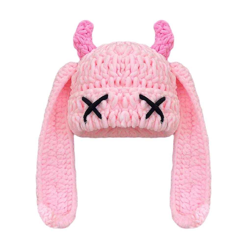 Cute And Quirky Little Devil Long-eared Knitted Hat For Women, Warm And Ear-protecting For Fall And Winter, Sweet And Cool Horned Pullover Woolen Hat