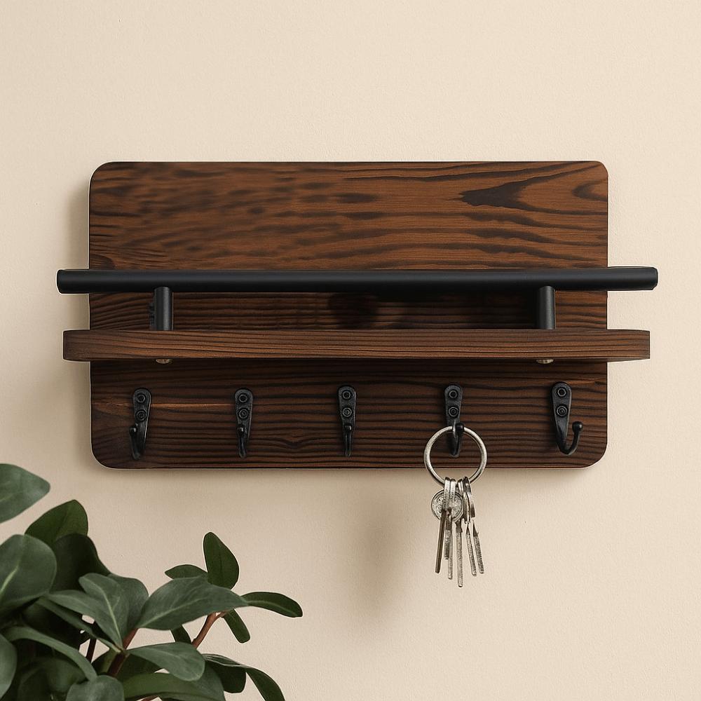 Wall Mounted Wooden Key Holder Floating Shelf Clothes Storage Rack Coat Hook Home Decor