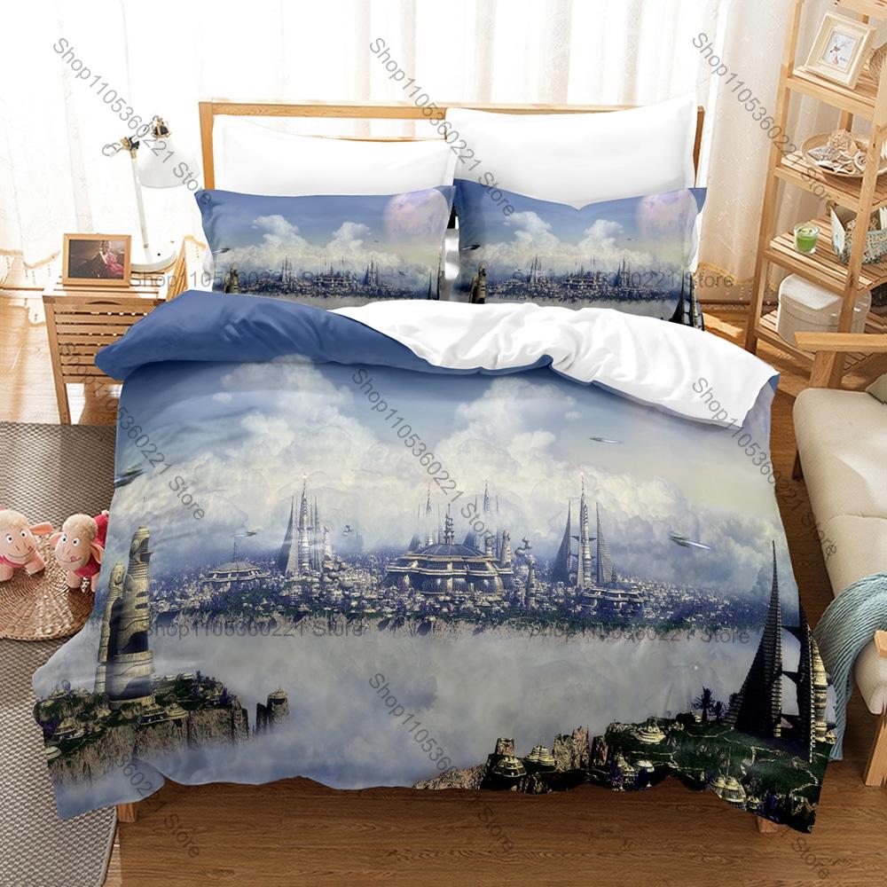 Futuristic Sci-Fi City Bedding Set, Duvet Cover and 2 Pillowcases, Modern Cyber City Pattern Breathable Fabric All Season Home