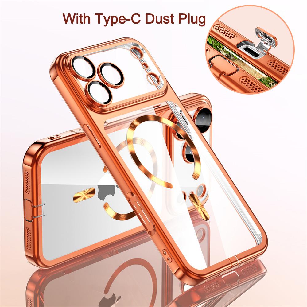 For Magsafe Metallic Color Plating Transparent Phone Case For 15 16 17 Pro Max Lens Protector Cover With Type-C Dust Plug