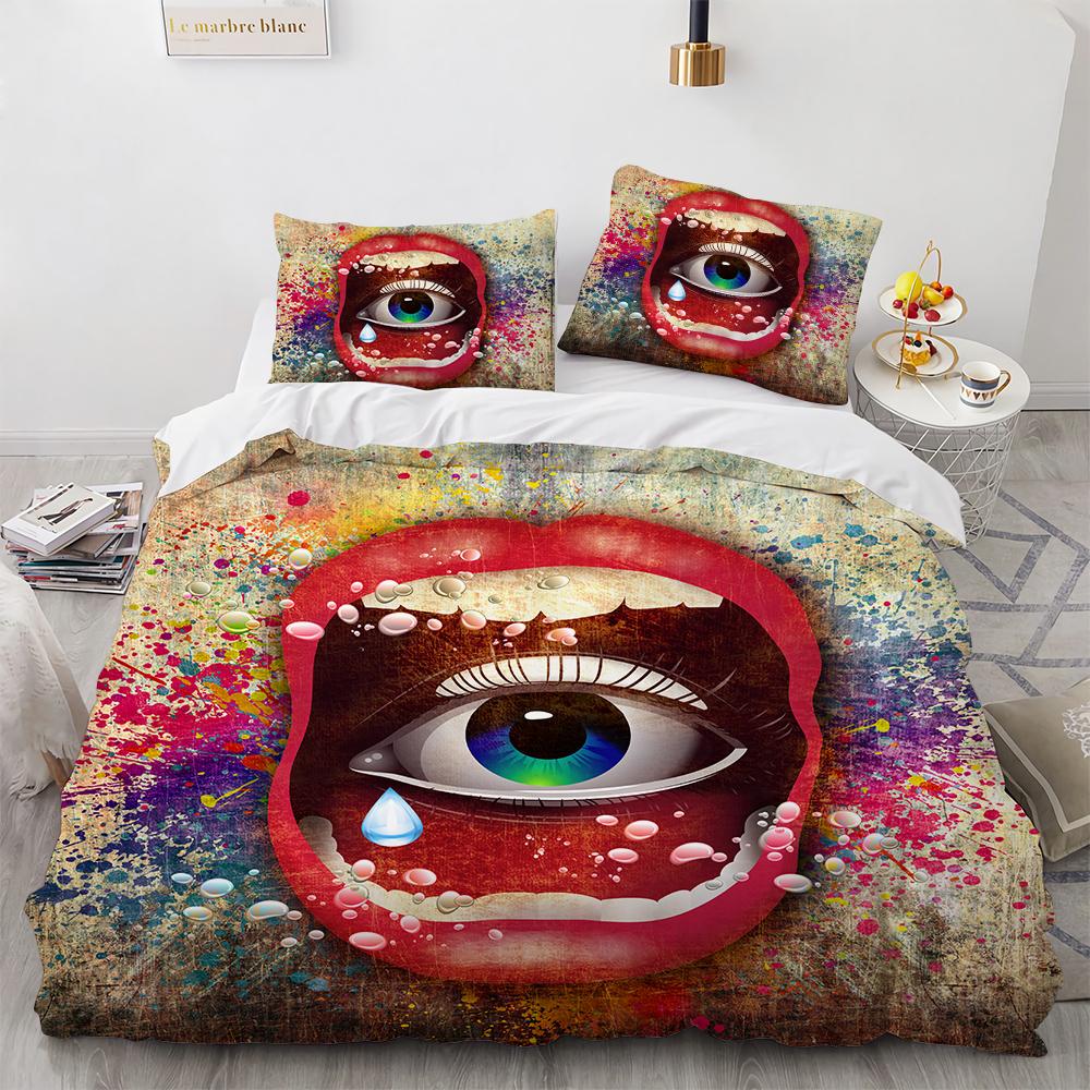 2026 NEW Couple Bedding Kiss Sketch Crimson Lips Kissing Guest Room Duvet Cover Set (1pc* Duvet Cover + 2pcs Pillowcase)