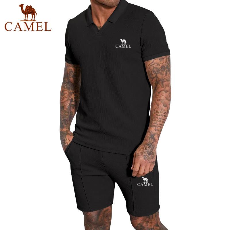 2024 Summer New Embroidered Men's Waffle V-neck Short Sleeved Shorts Two Piece Set with Polo Collar