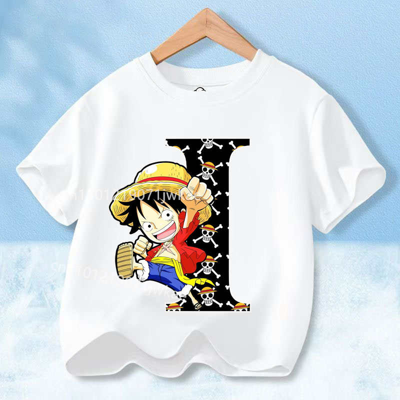 2026 Новая футболка с принтом One Piece Буквы A-Z Аниме Луффи Гир Мультяшная Графика Хлопковая Футболка для Детей Летние Спортивные Футболки Повседневные Детские Топы